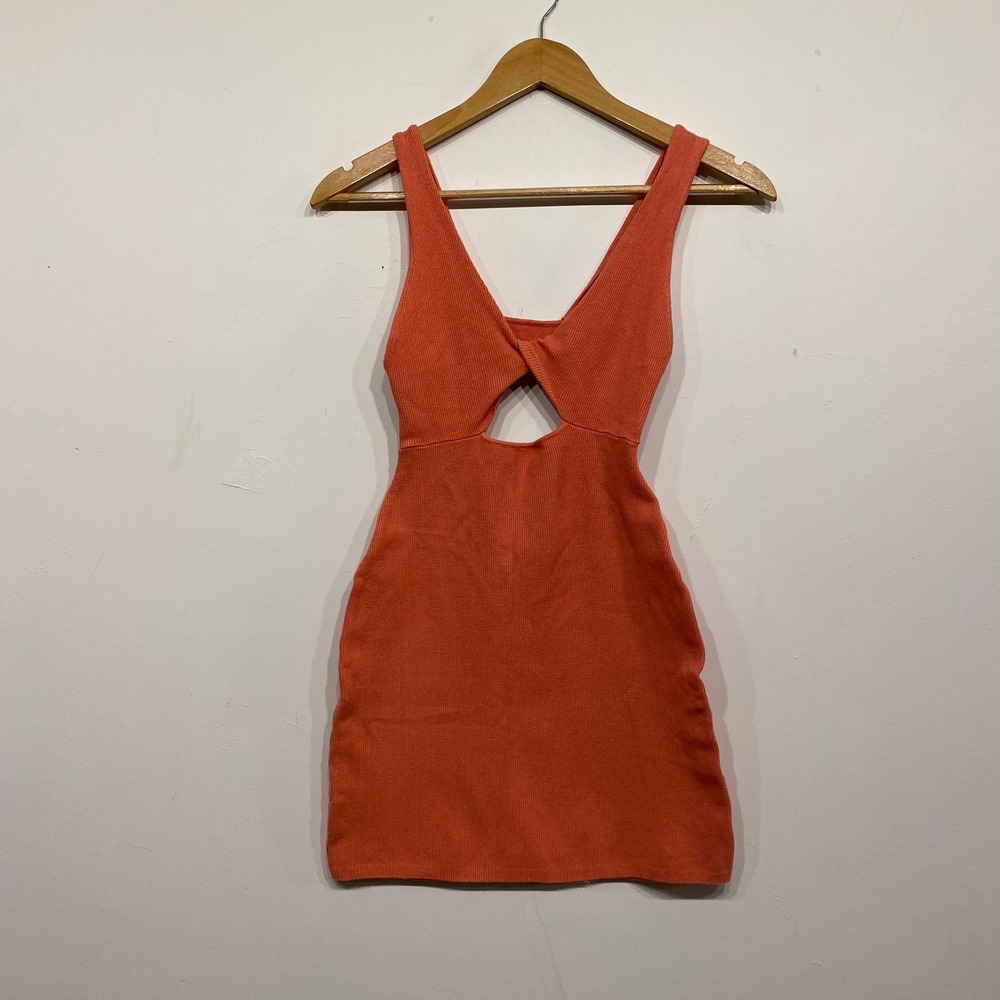 Free People Beach Islander Mini Dress Coral Orange Cutout Ribbed Knit‎ Small